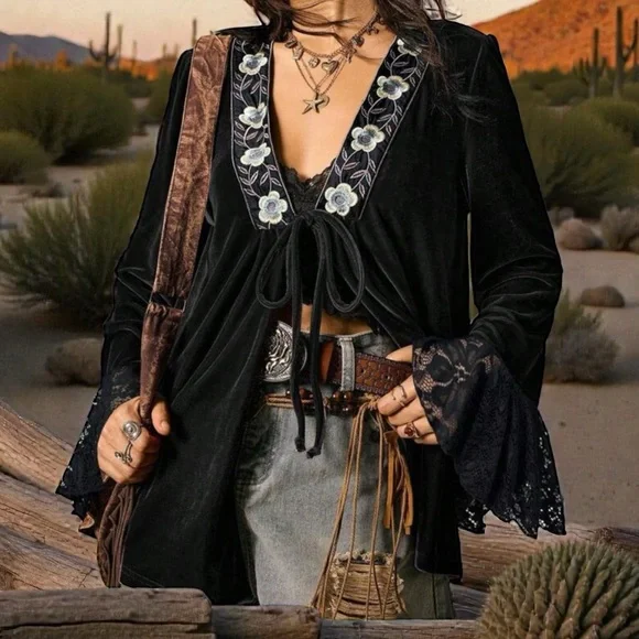 NWT Black Velvet Lace Bell Sleeve Top - Picture 3 of 8